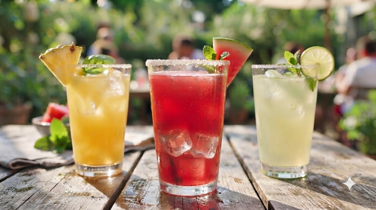 Sparkling iced Indian beverage with whole mango, fresh sliced lime, red chili, and spices